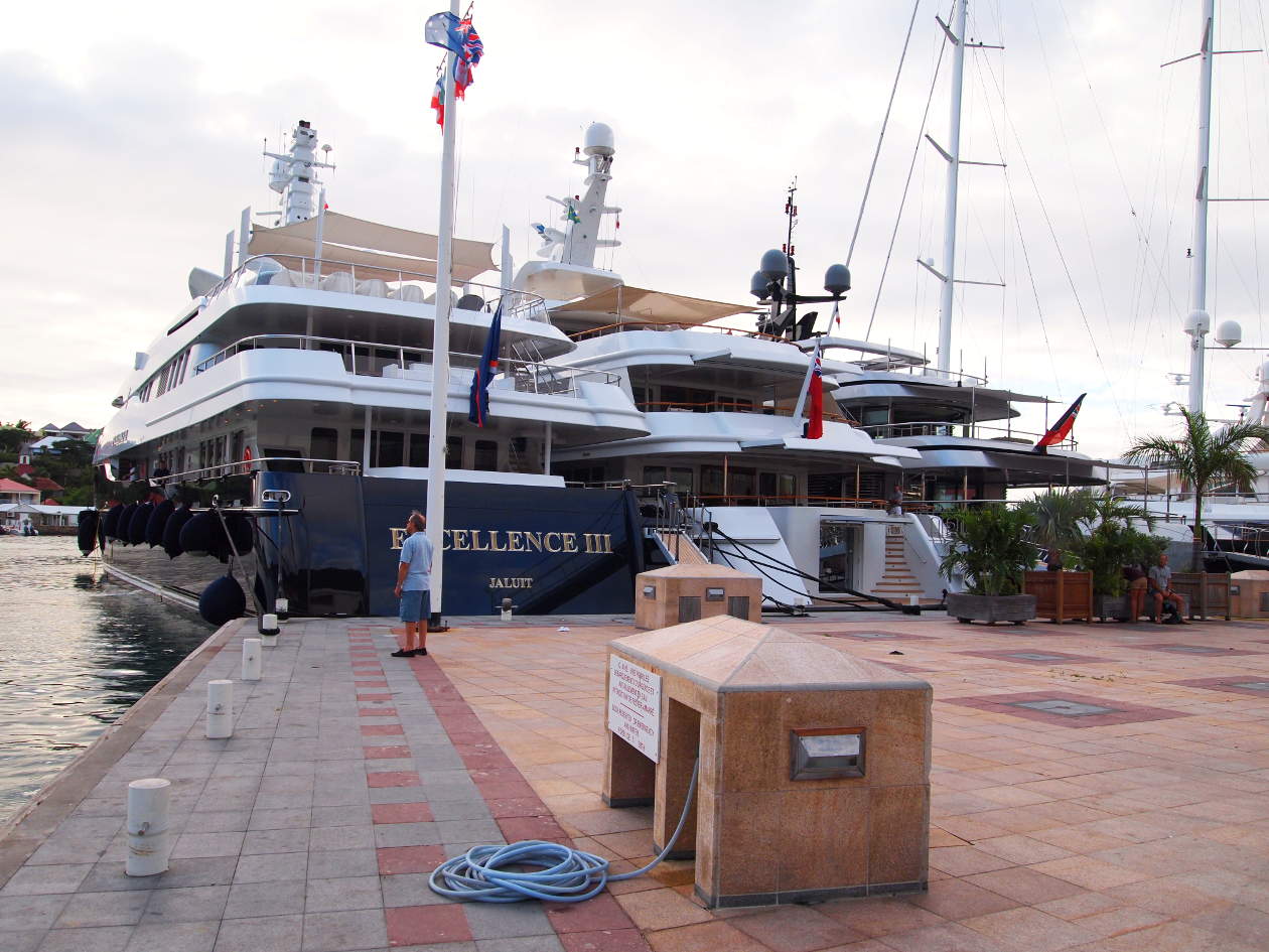 Mega yachts docked at the Caribbean island of St. Barths